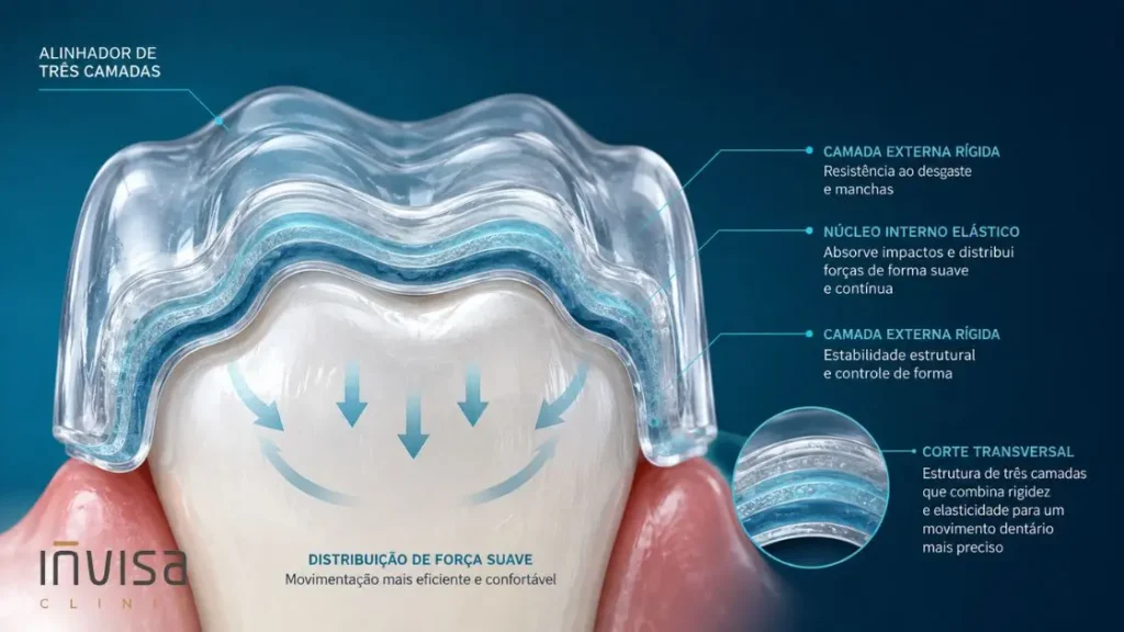 Corte transversal de um alinhador dentário transparente de três camadas encaixado sobre um dente