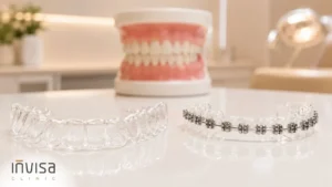 Comparativo dos limites do alinhador invisível frente ao aparelho fixo no sorriso de um paciente adulto
